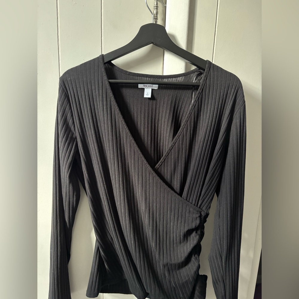 Nine West Charcoal Long Sleeve Wrap Scrunches Top